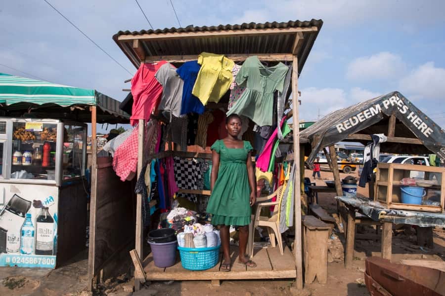 Secondhand clothing vendor Bety Anoyi in Accra, Ghana