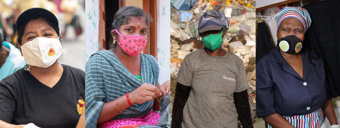 Four working women wearing masks