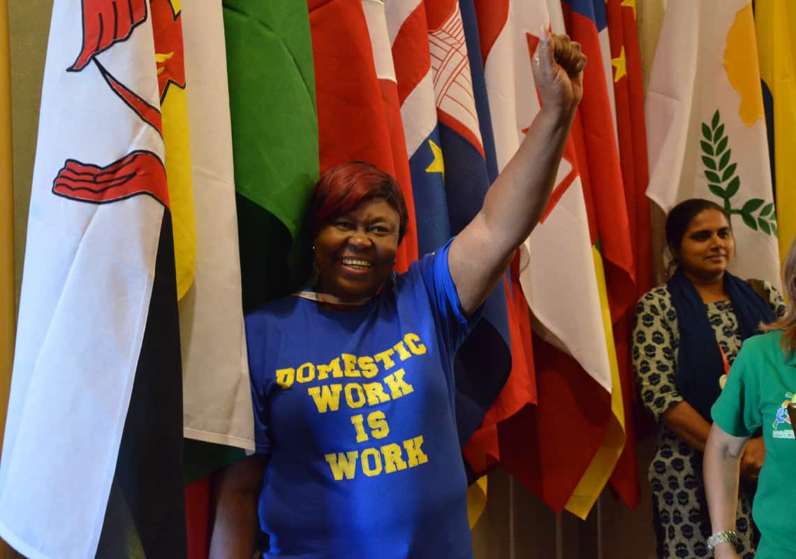 An IDWF representative at the 2019 ILC in Geneva, Switzerland. Credit: Sofia Trevino.