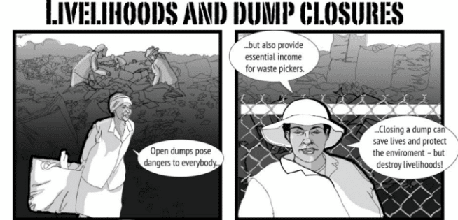 Illustrated dump closures and livelihoods cartoon