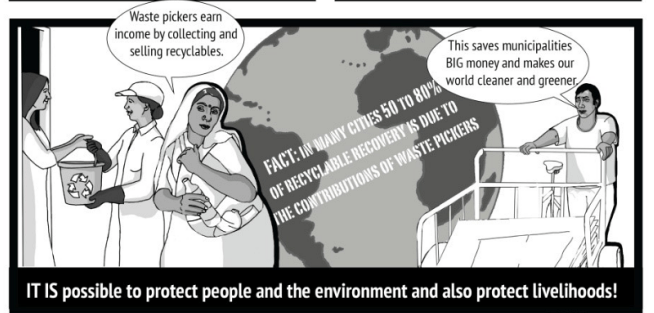 Illustrated dump closures and livelihoods cartoon