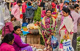 Street vendors at Krishnarajendra Market in Bangalore, India. July 2019.