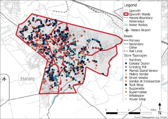 La distribution des détaillants en alimentation à Epworth, Zimbabwe