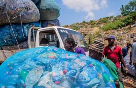 A group of informal workers collecting and transporting used plastic bottles on an open field