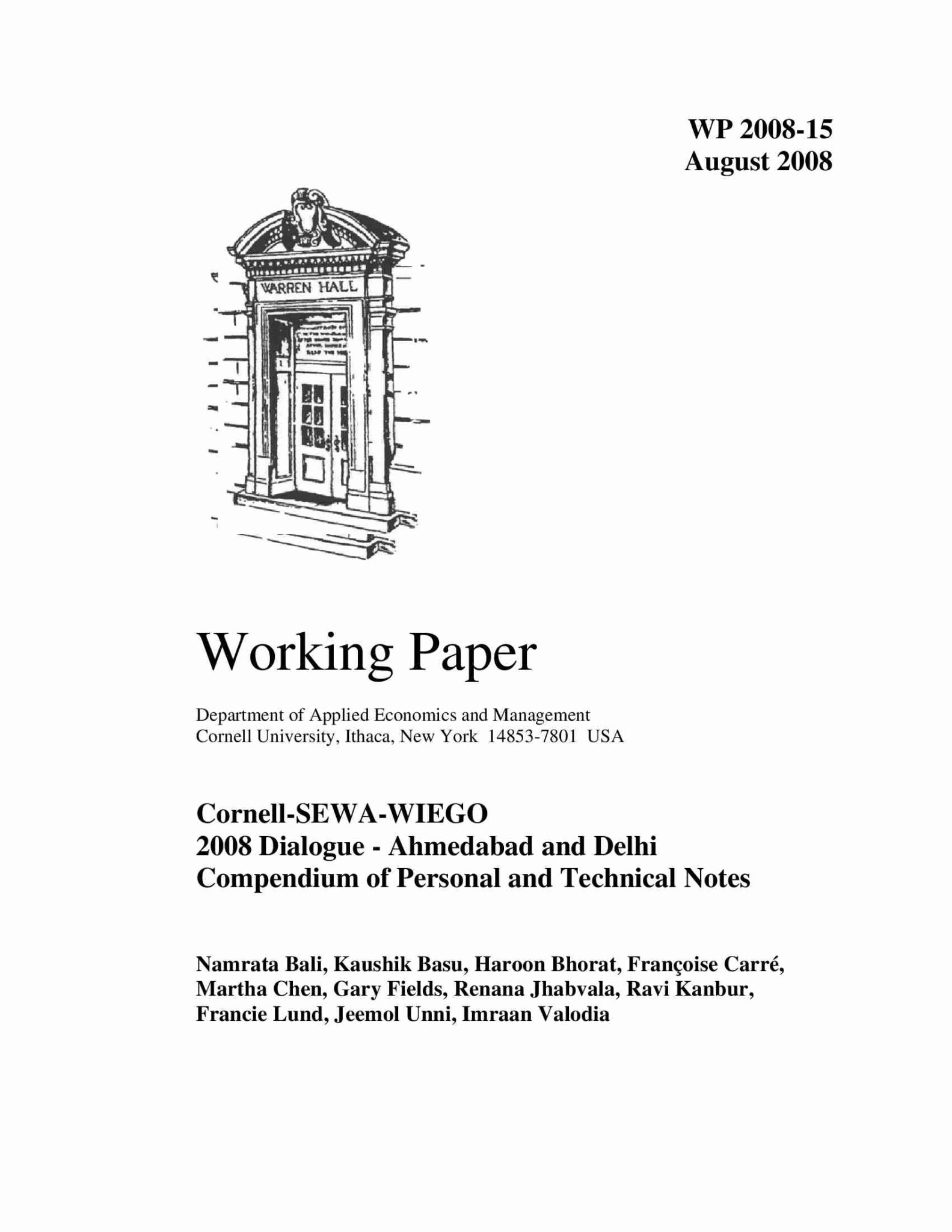 Cornell-SEWA-WIEGO 2008 Dialogue – Ahmedabad and Delhi - Compendium of ...