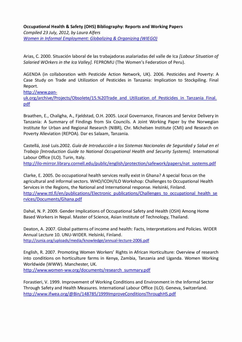Occupational Health and Safety Bibliography: Reports and Research ...