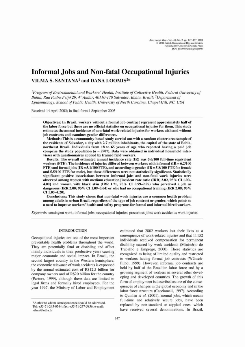 Informal jobs and non-fatal occupational injuries - WIEGO