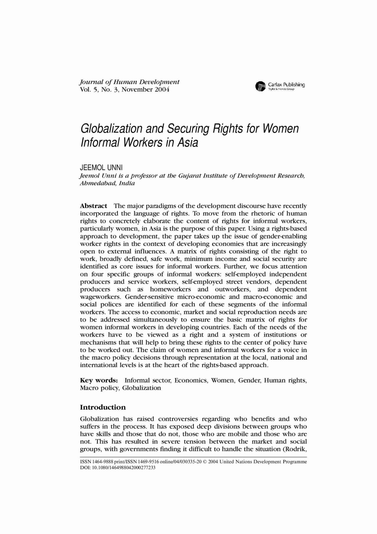 Globalization and Securing Rights for Women Informal Workers in Asia ...