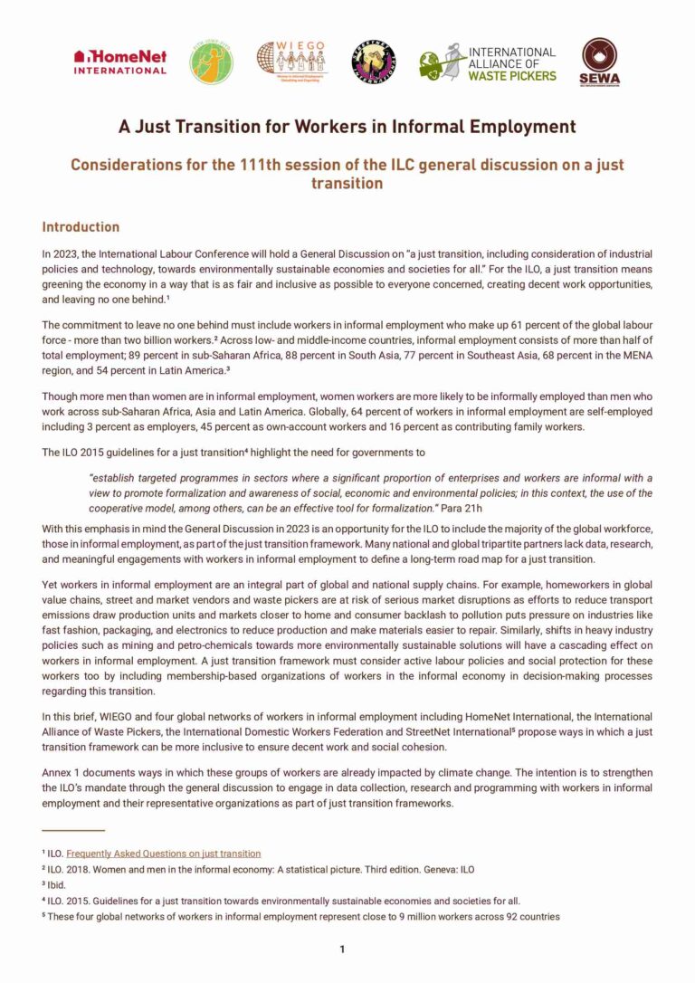 Global Position Paper: A Just Transition for Workers in Informal ...