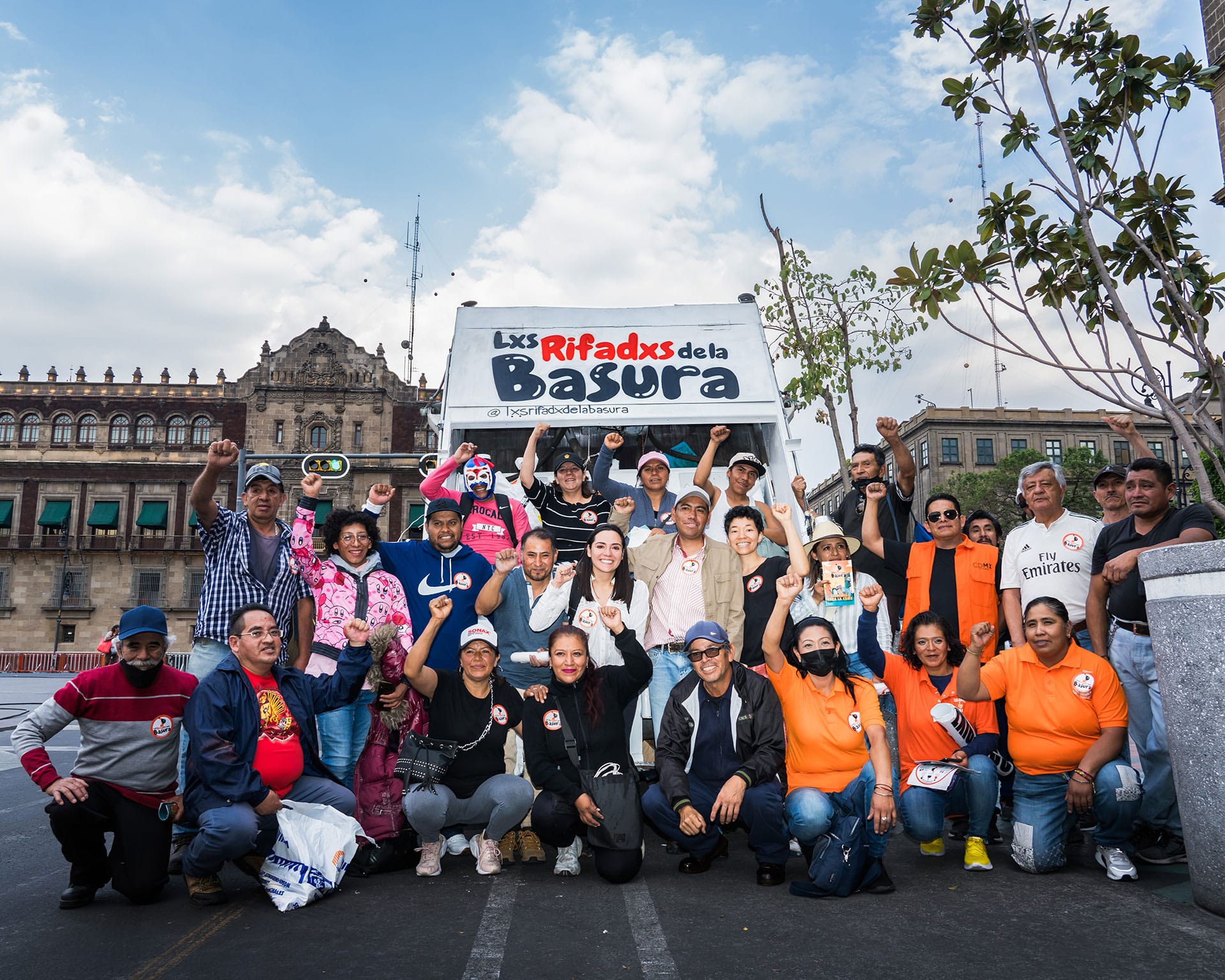 WIEGO and the Rifadxs pose in the Zócalo, the main public square and historical heart of Mexico City, after holding a demonstration and press conference to present workers' demands to the city government.